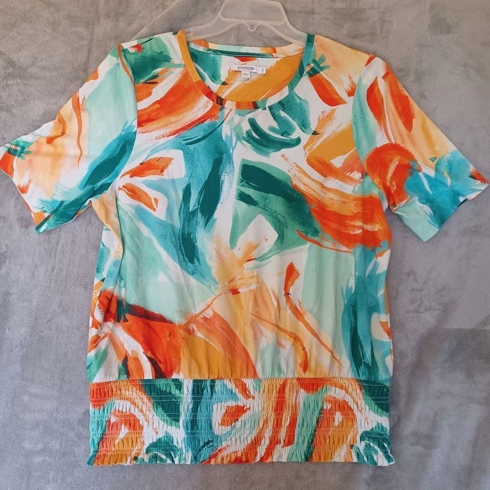 Chicos‎ Top Lg Artsy Colorful Abstract Short Sleeve Travel Stretch Smocked Waist